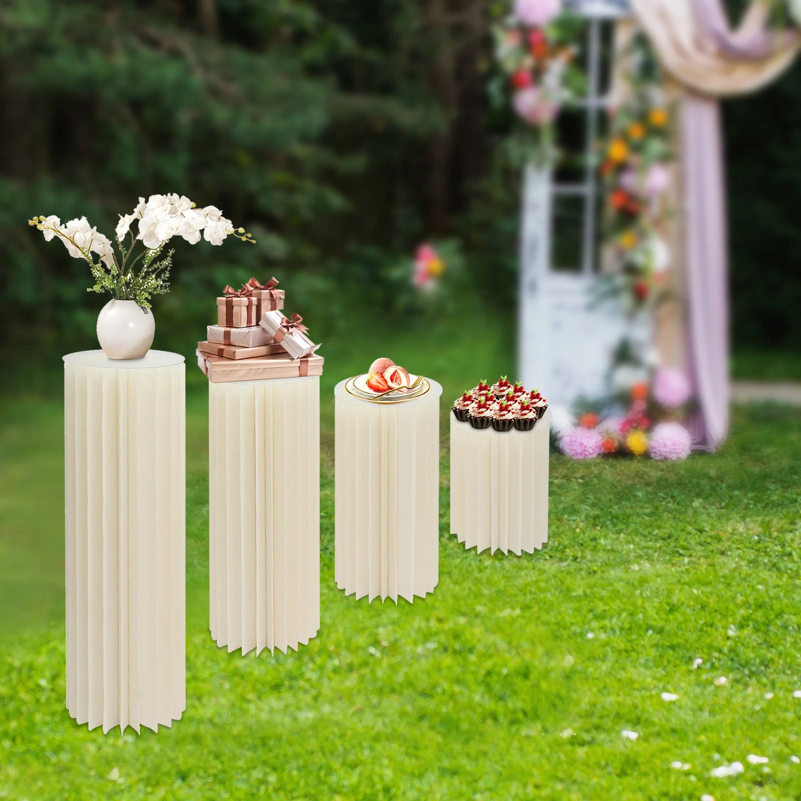 4Pcs Foldable Cardboard Flower Stands/ Wedding Centerpieces/ Display Dessert Table Column for Party/ Garden Decor (40+60+80+100cm)