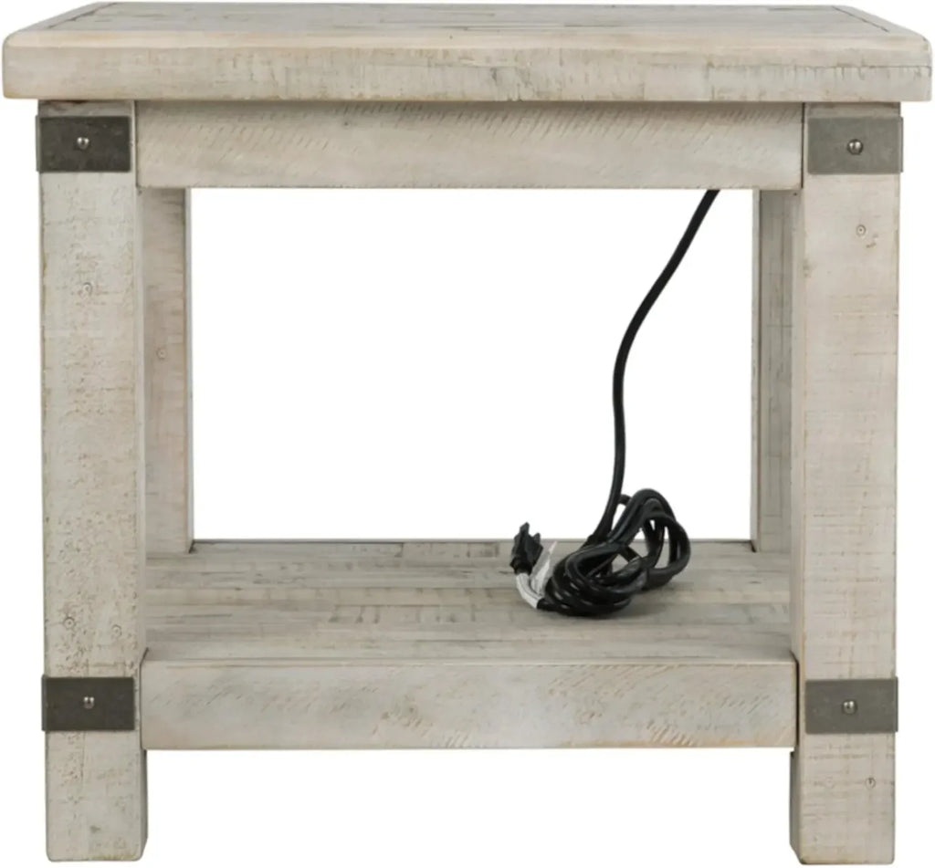 Rectangular End Table with Lower Shelf, 2 Electrical Outlets and 2 USB Ports, Whitewash