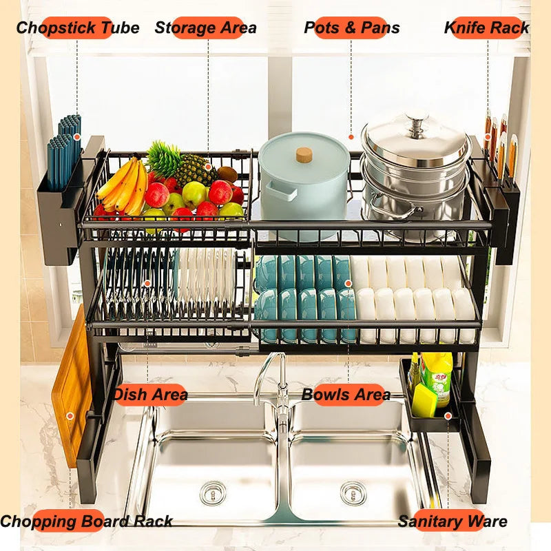 Kitchen Storage Shelf Above The Sink, Stretchable Bowl Draining Rack, Multifunctional Dish, Knife, Spoon Sink Rack Set Organizer
