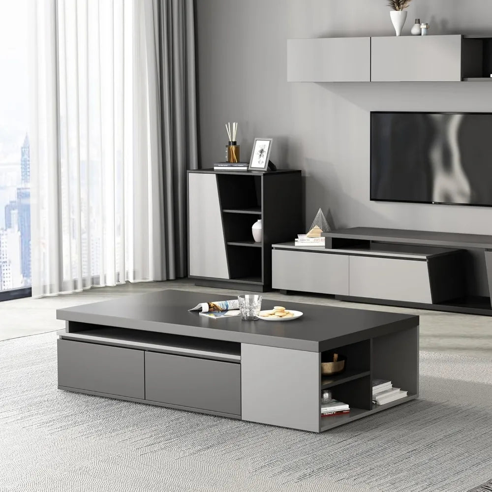 Extendable Modern Coffee Table with Large Storage Drawers, Black & Grey