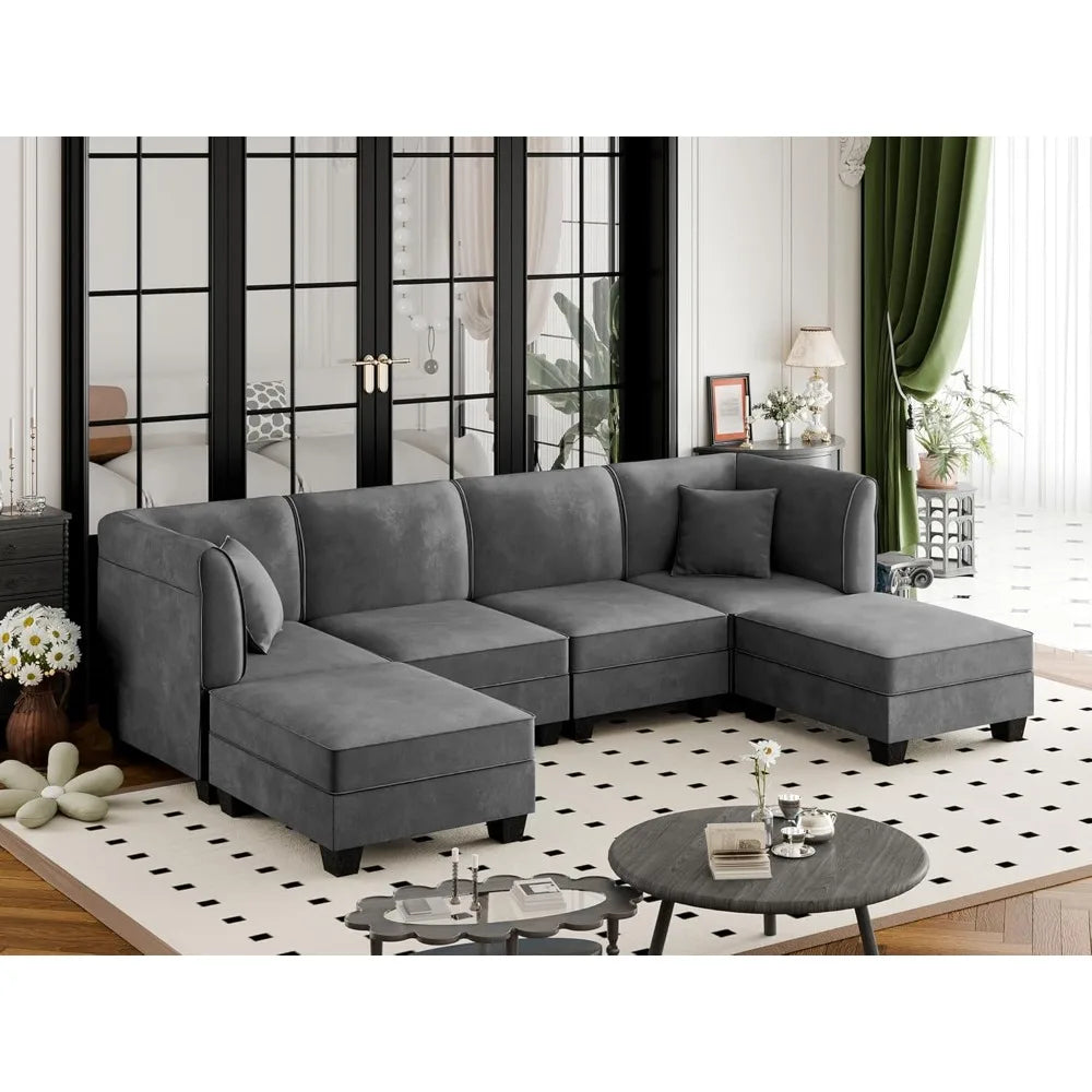 Large 6-Seat Velvet U-Shaped Sectional Sofa with Reversible Chaise, 116" for Living Room