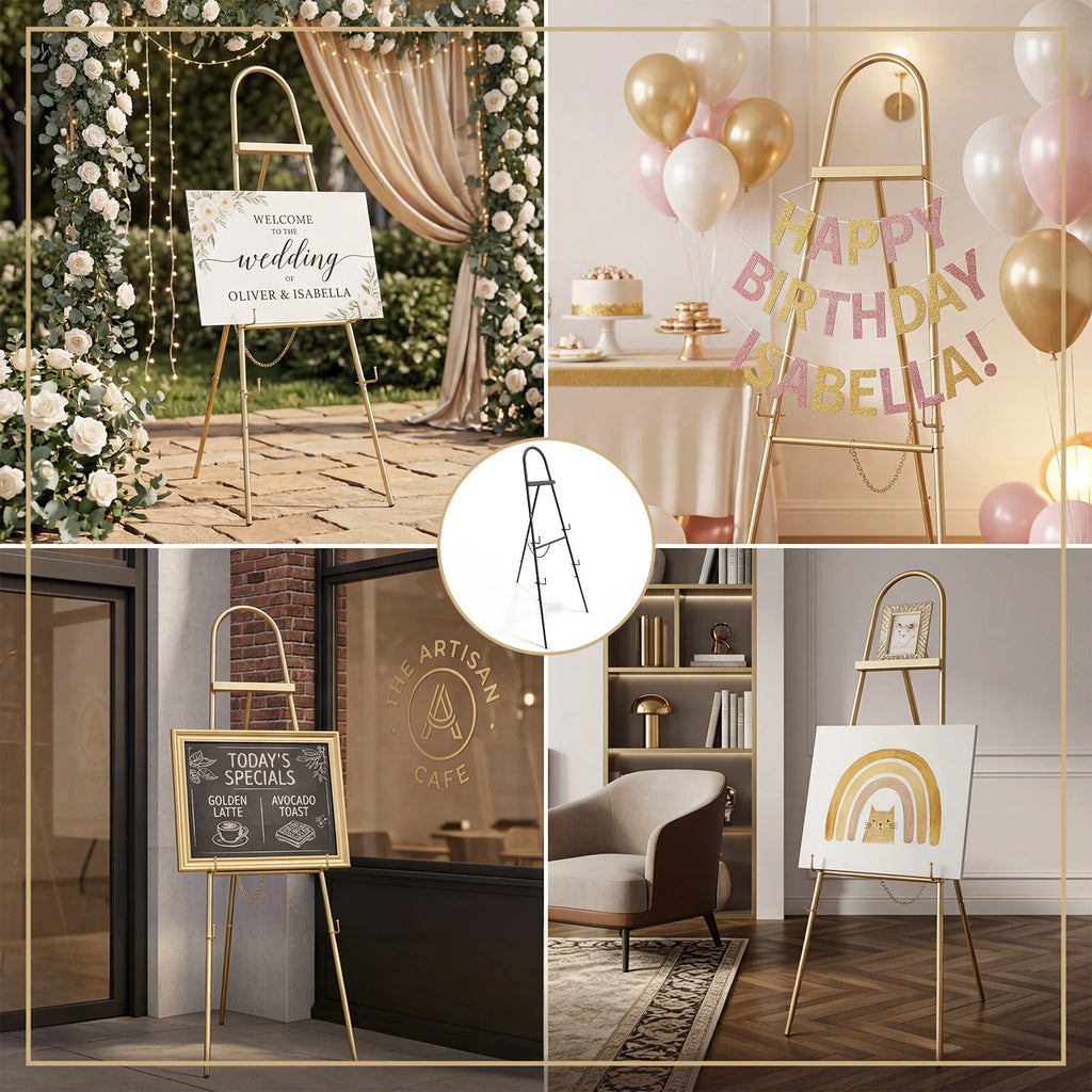 Elegant Adjustable Gold Metal Easel Stand - Collapsible Tripod Display Rack for Signs, Posters, Mirrors, Art - Floor Standing Portable Exhibition Holder for Home, Parties & Events, Gold, 45×160cm