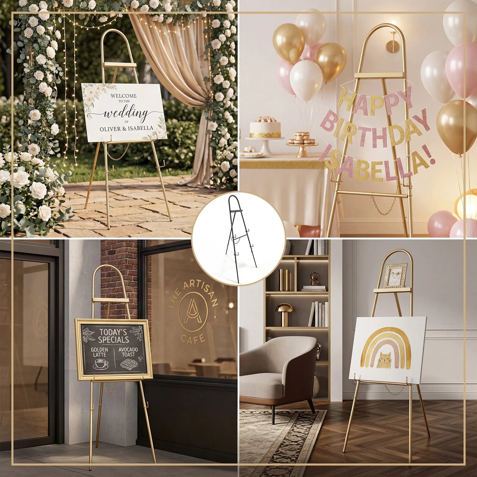Elegant Adjustable Gold Metal Easel Stand - Collapsible Tripod Display Rack for Signs, Posters, Mirrors, Art - Floor Standing Portable Exhibition Holder for Home, Parties & Events, Gold, 45×160cm