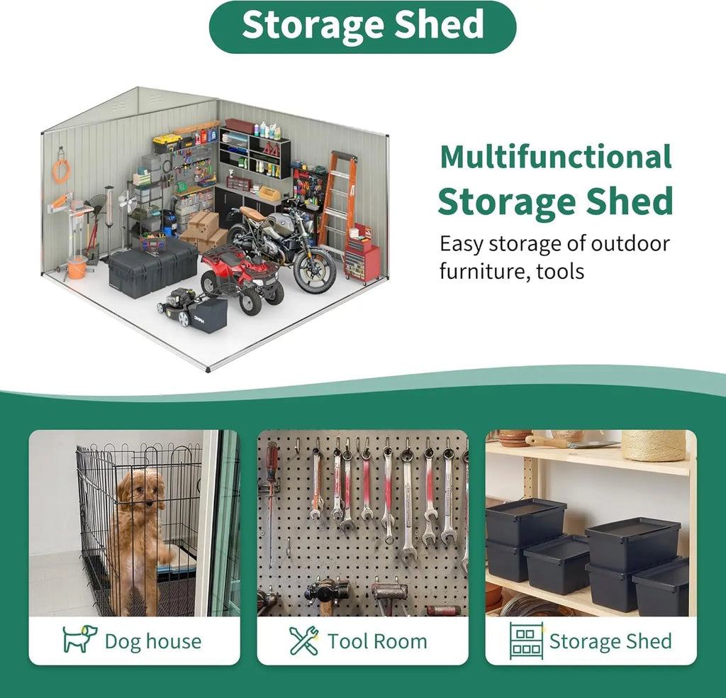 12x14 FT Outdoor Storage Shed, Metal Garden Shed with Lockable Doors, Waterproof Tool Shed for Backyard