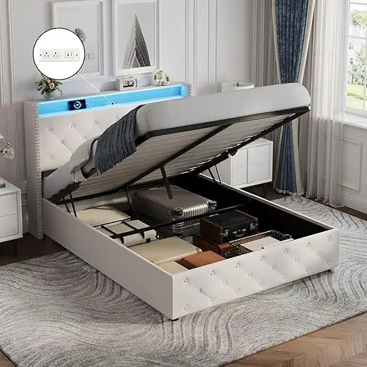 Full Size Bed Frame with LED Headboard & Lift Up Storage, Velvet Upholstered