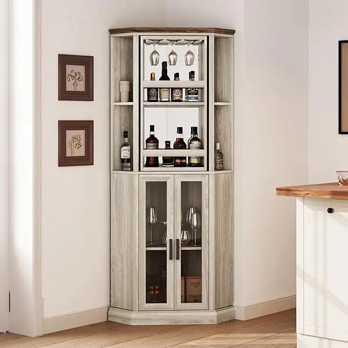 Tall Farmhouse-Style Wine Cabinet with Swiveling Liquor Shelves and Adjustable Barn Door Bar Storage