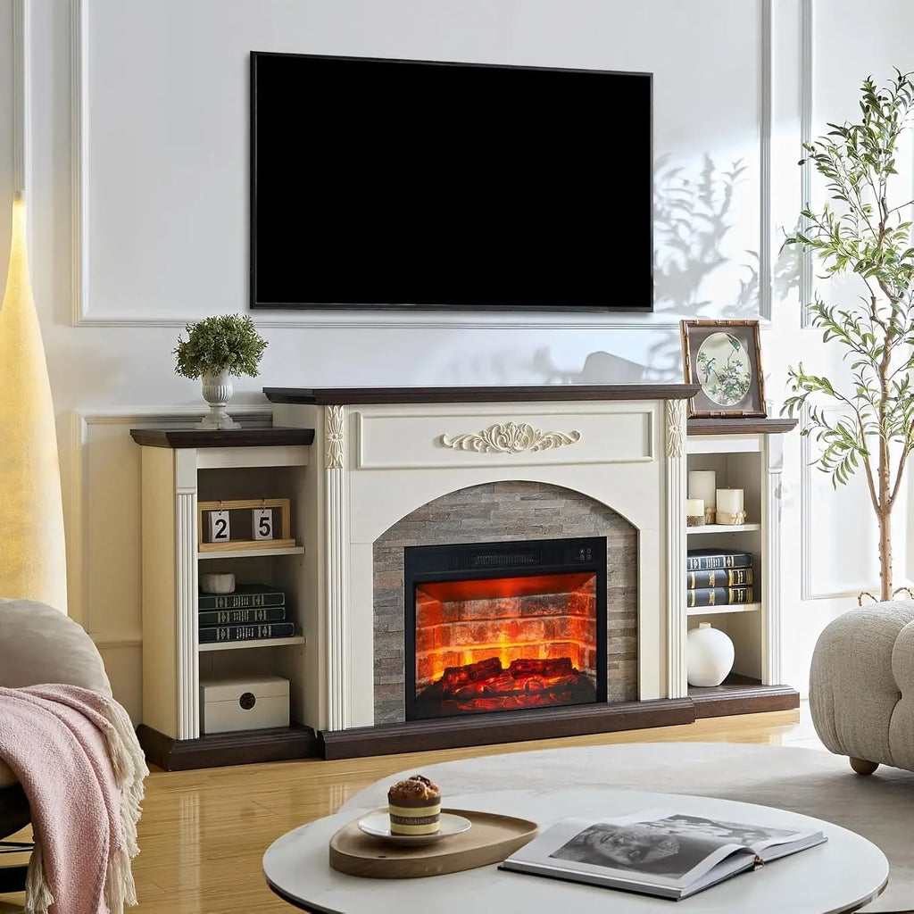 72" Electric Fireplace with Mantel, Farmhouse TV Stand for TVs Up to 80", White Entertainment Center with Storage