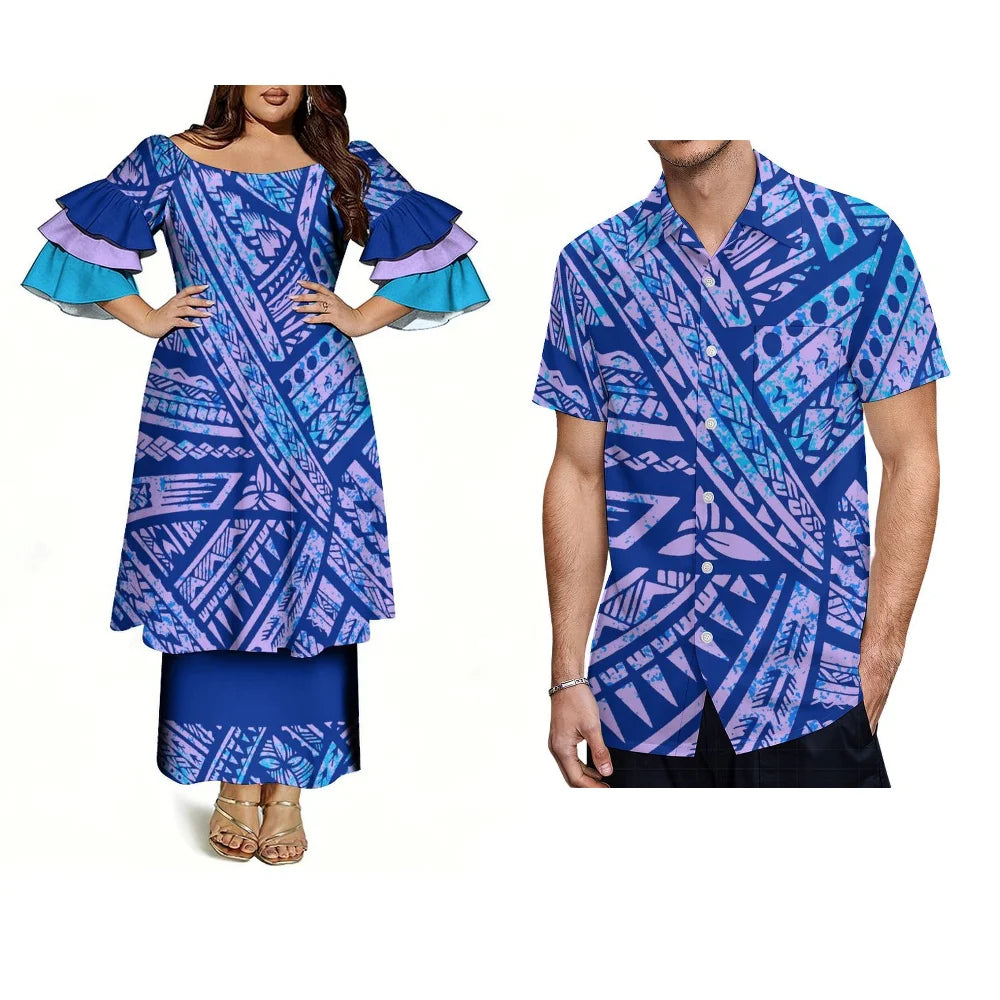 Customized Men's Short-Sleeved Shirts With Polynesian Pacific Island/ Ethnic Style Fashionable Women's Elegant Dresses