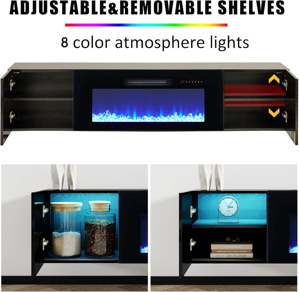 Floating TV Stand with 36" Electric Fireplace, High Gloss Finish Wall Mounted Fireplace Entertainment Center with Storage for TV