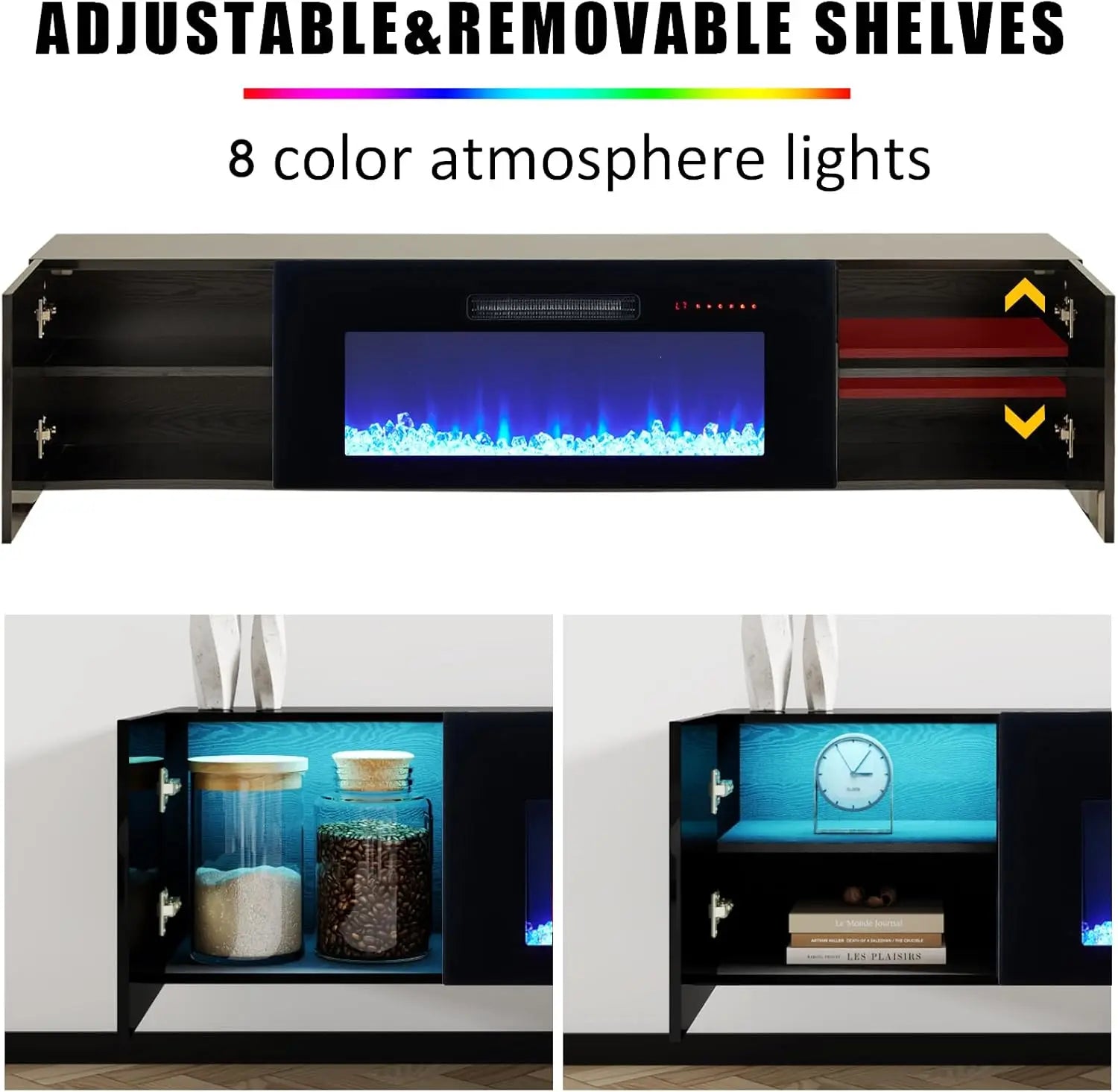 Floating TV Stand with 36" Electric Fireplace, High Gloss Finish Wall Mounted Fireplace Entertainment Center with Storage for TV