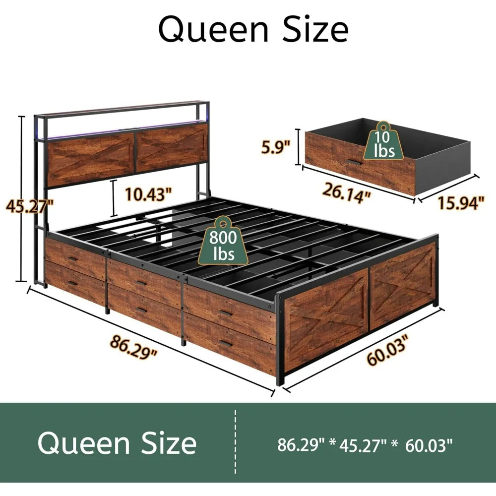 Queen Size Bed Frame with Storage, 12 Drawers, LED Lighting, Metal Slat Support Mattress Foundation