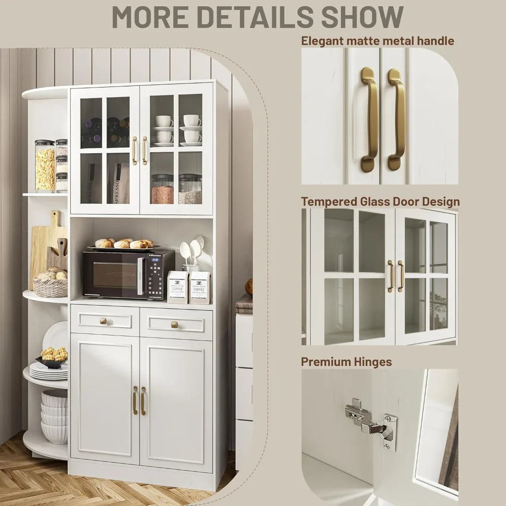 71" Tall Corner Pantry Storage Cabinet with Charging Station, 40" wide Kitchen Hutch Cabinet with 4 doors and 2 Drawers, Farmhouse