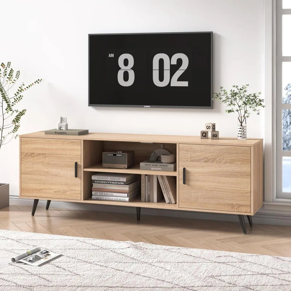 Mid Century Modern TV Stand 70" for 75" TV, Wood with Storage, Entertainment Center for Living Room & Bedroom,