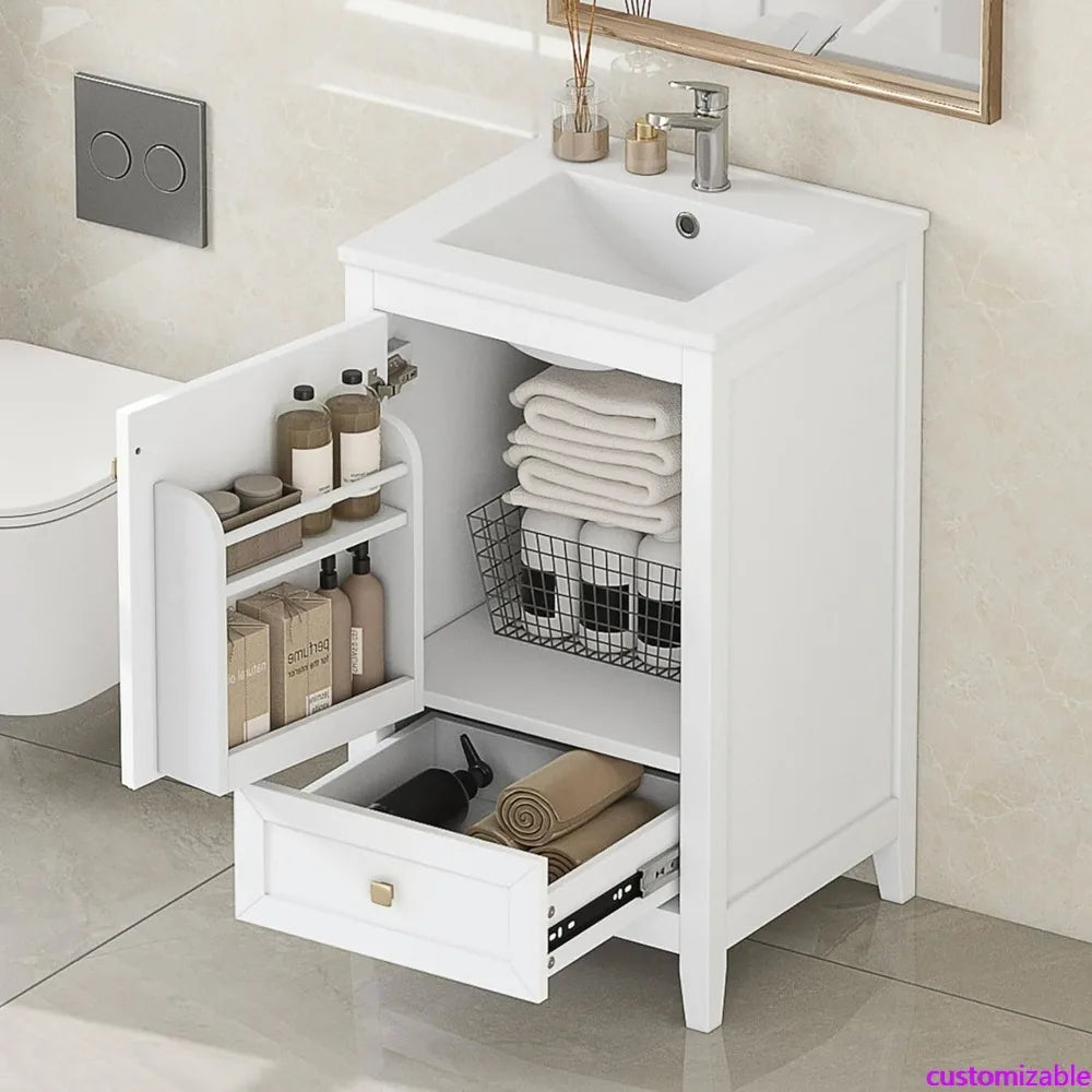 20 Inch Solid Wood and MDF Bathroom Vanity Cabinet with Undermount Sink, Storage Shelf, Single Drawer, and Soft-Closing Door