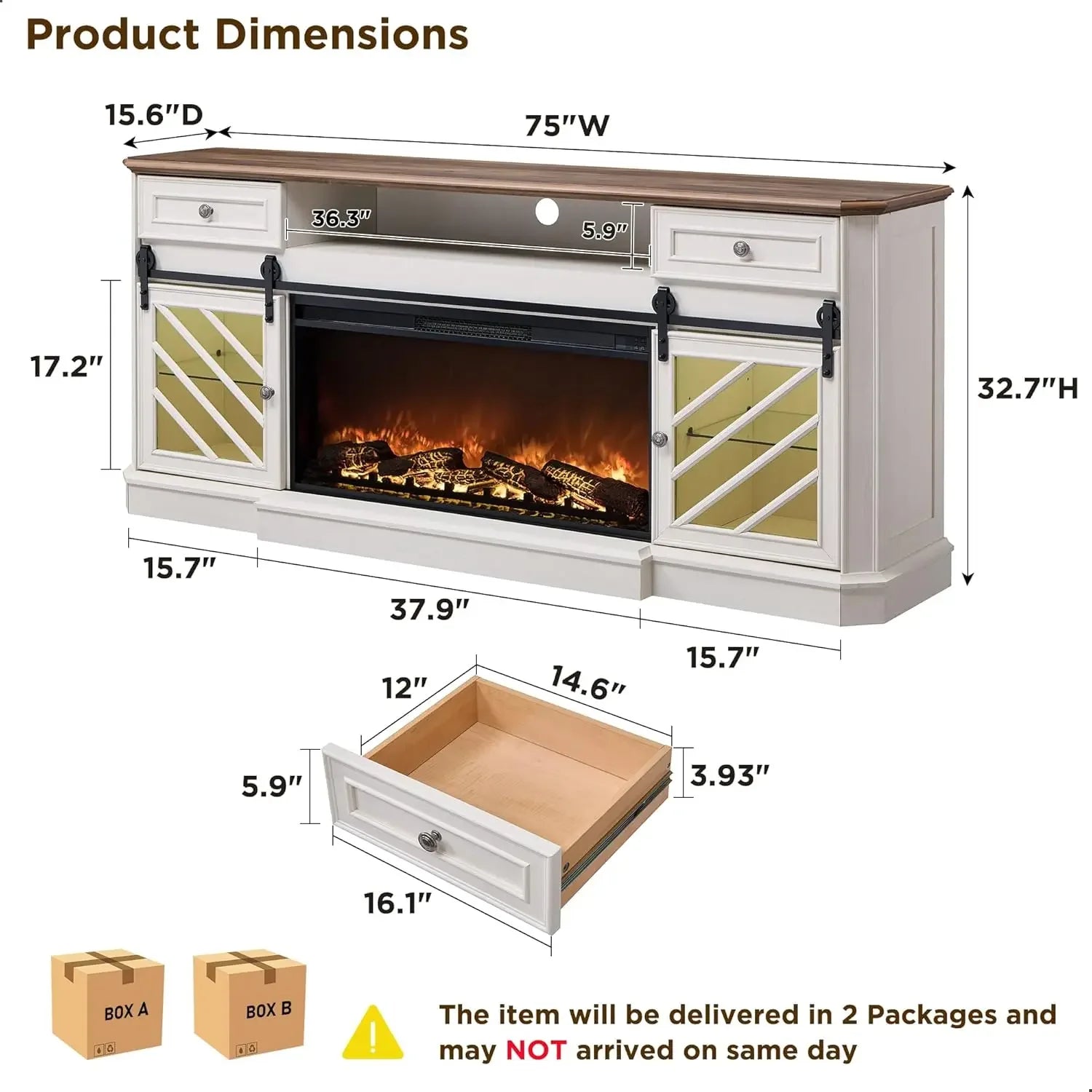 75” Fireplace TV Stand for 85" TV, Farmhouse Highboy Entertainment Center with 36” Electric Fireplace