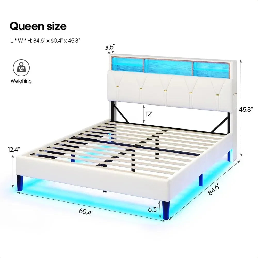 Queen Bed Frame with Storage Headboard and LED Lights, Velvet Upholstered Platform Bed Queen Size with Type-C & USB Chargers