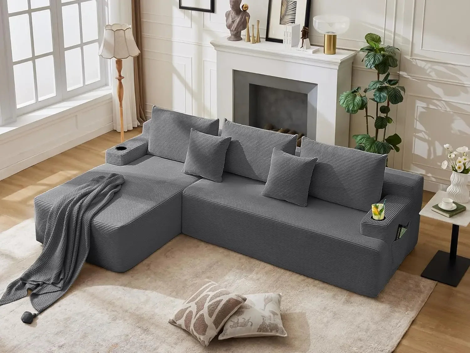 Cloud Sectional Couch Corduroy L-Shape Chaise Modular Sofa Deep Seat Boneless Couch Upholstered Living Room Furniture
