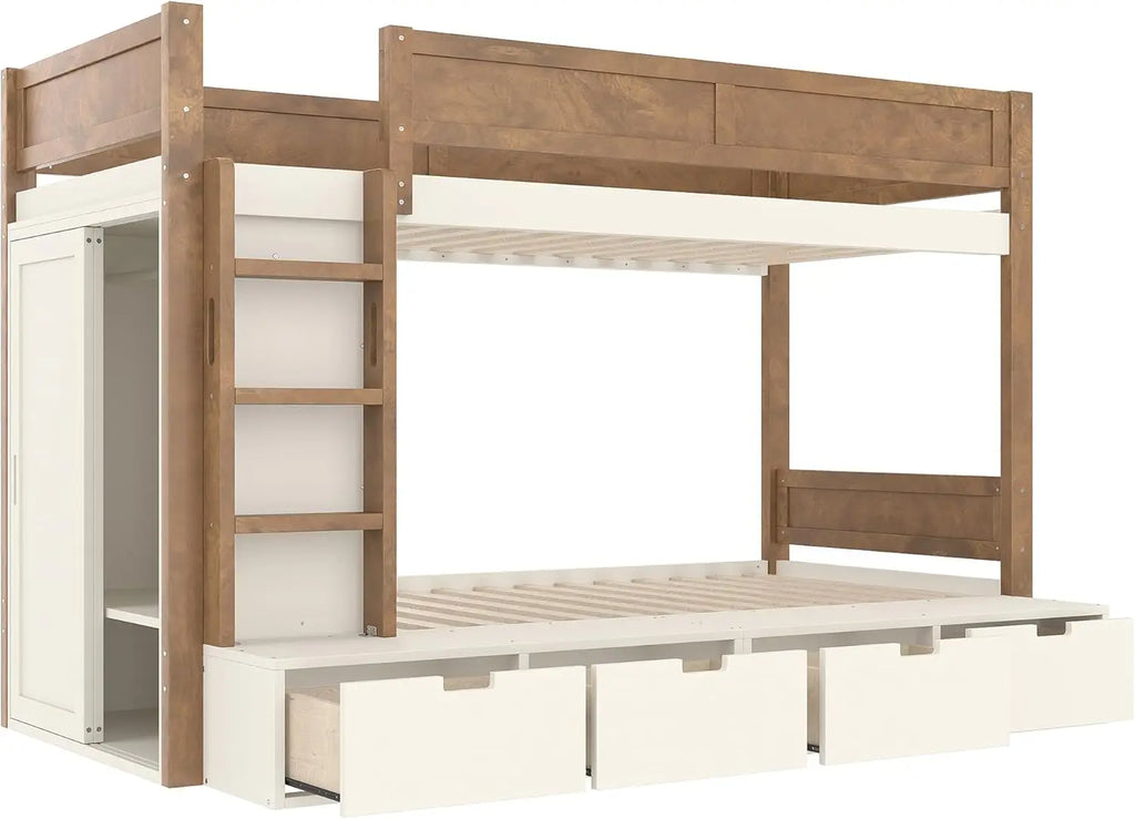 Twin Over Twin Bunk Bed with 4 Drawers for Kids, Wood Twin Bunk Beds with Wardrobe and Full-Length Guardrails, Beige+Natural