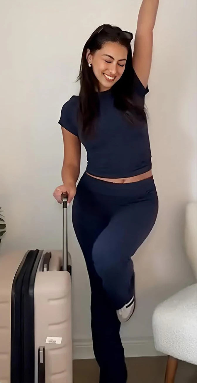 Women's Two-Piece Sports Leisure Yoga Set, Short-Sleeved/ Cuffed Flared Trousers, Sports Set