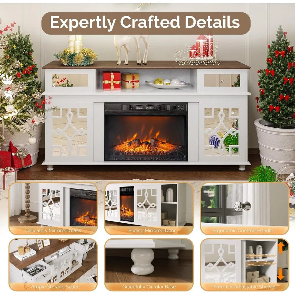 Fireplace TV Stand with Sliding Mirrored Door for TVs up to 70", Entertainment Center with Storage Cabinet and Shelves, Media Center