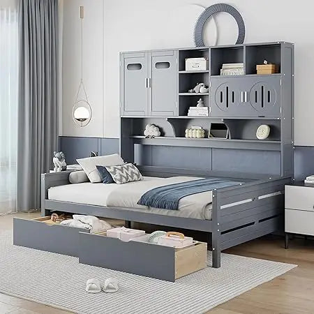 Gray Full Size Wooden Daybed with Storage Drawers, Bookcase Headboard, and All-in-One Cabinet & Shelf