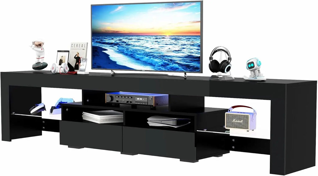 LED TV Stand for 75/85/90 inch TV, High Glossy Modern Entertainment Center with Drawer and Led Lights, Television Table Media