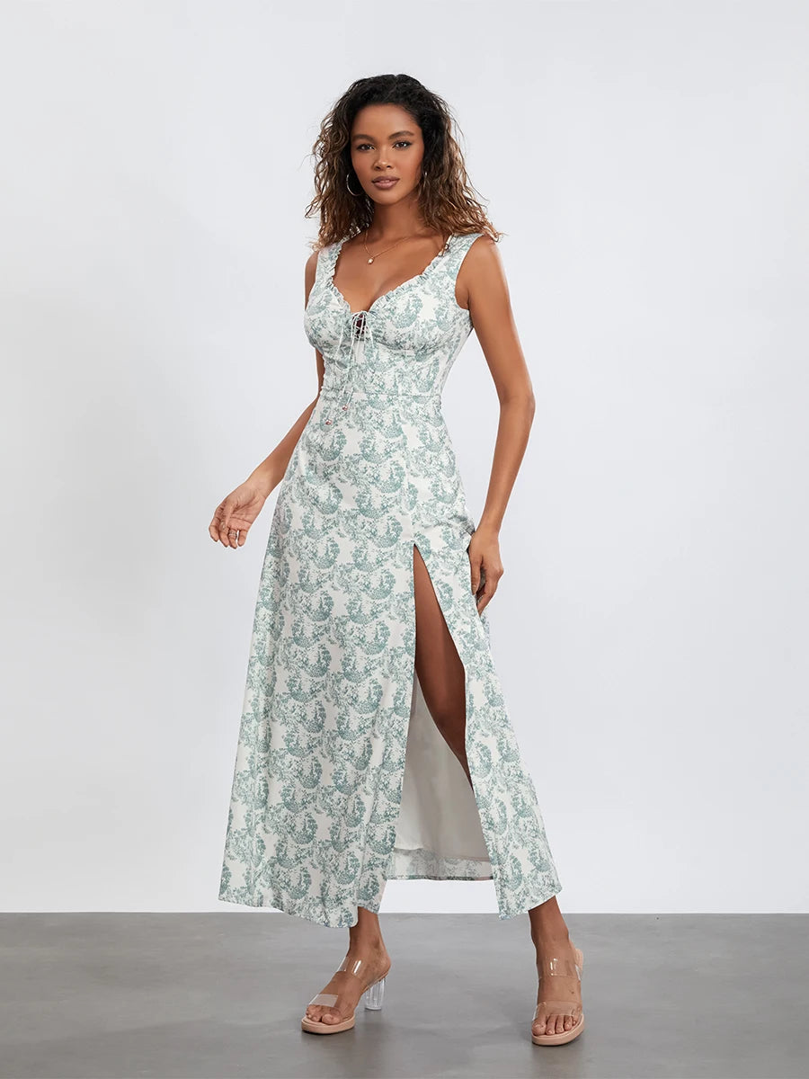 Women’s Floral Long Dress Sleeveless Deep V Neck Cross Tie-up /Front High Split Dress For Spring and Summer