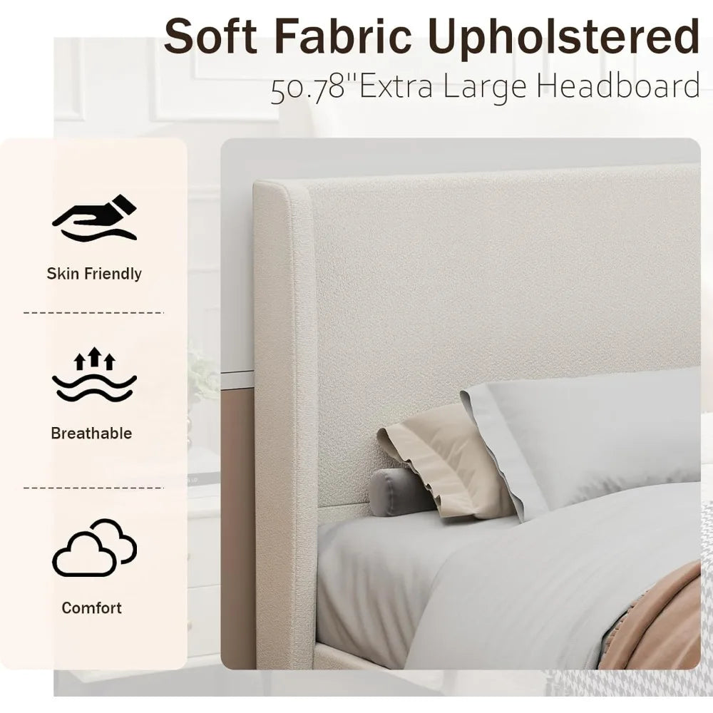 King Size Platform Bed Frame,Upholstered Bed Frame with Wing Side Headboard