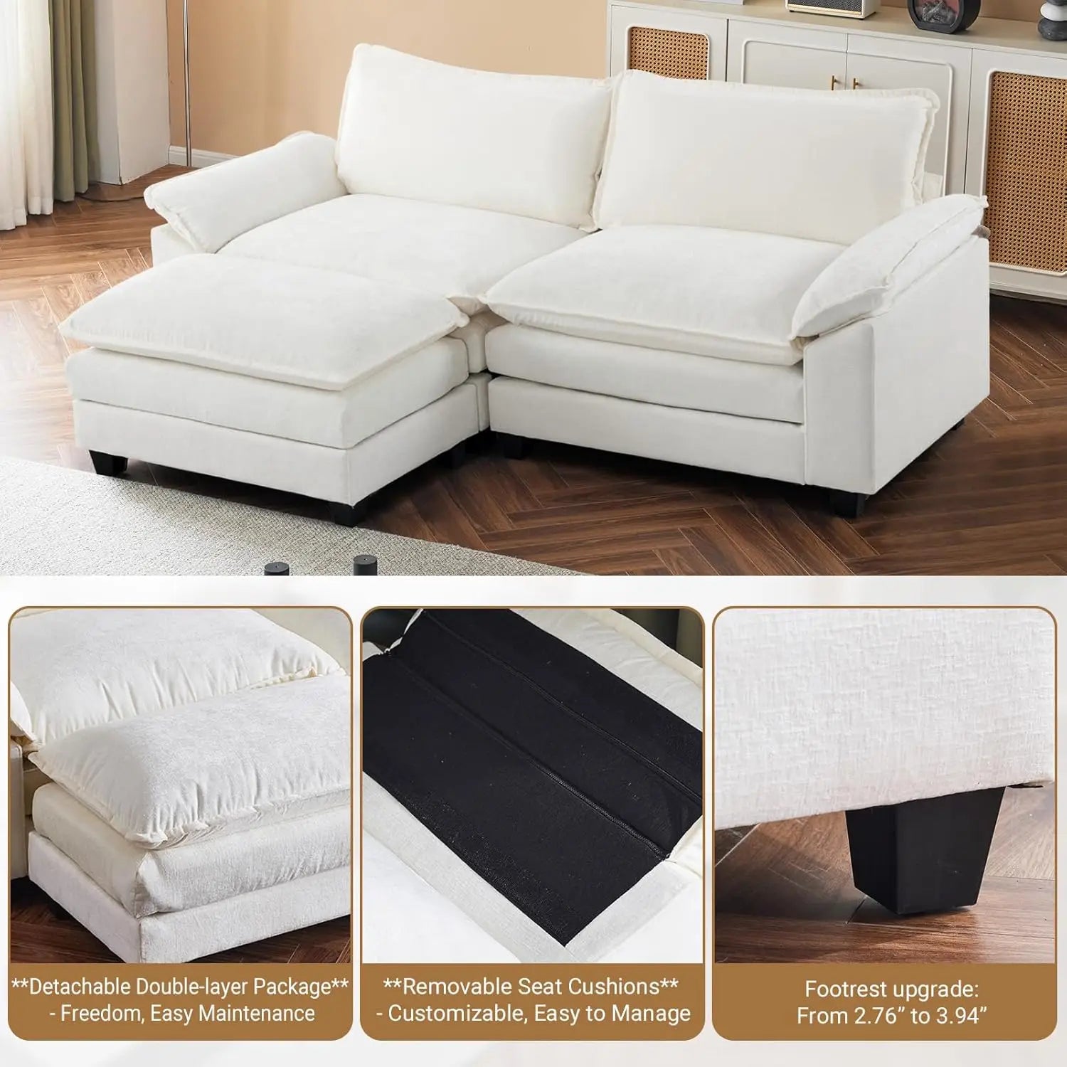 87" Convertible Sectional Sofa, L-Shaped Deep Seat Sofa Couch for Living Room, for Small Space (Creamy White)