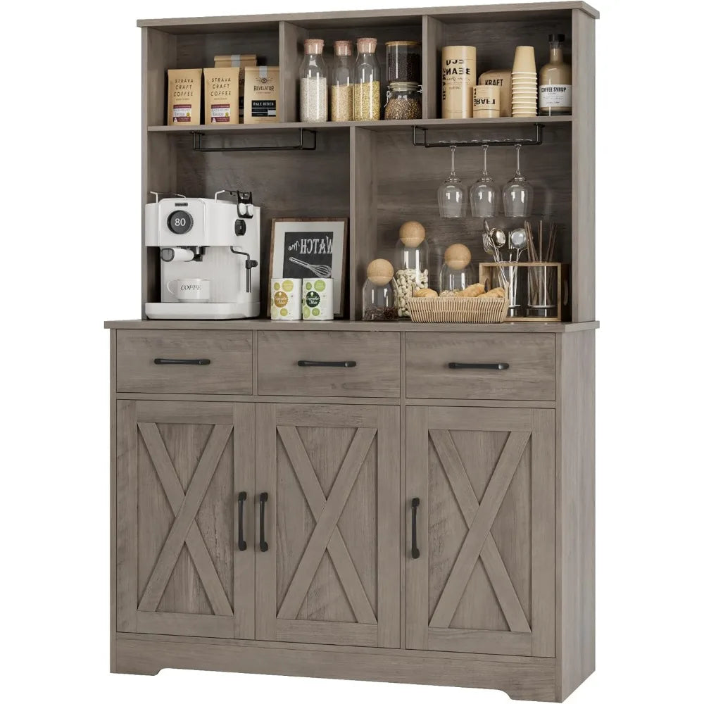 Buffet Cabinet with Hutch, Farmhouse Kitchen Buffet Sideboard Storage with 3 Drawers, Barn Door Coffee Bar Station/ Liquor