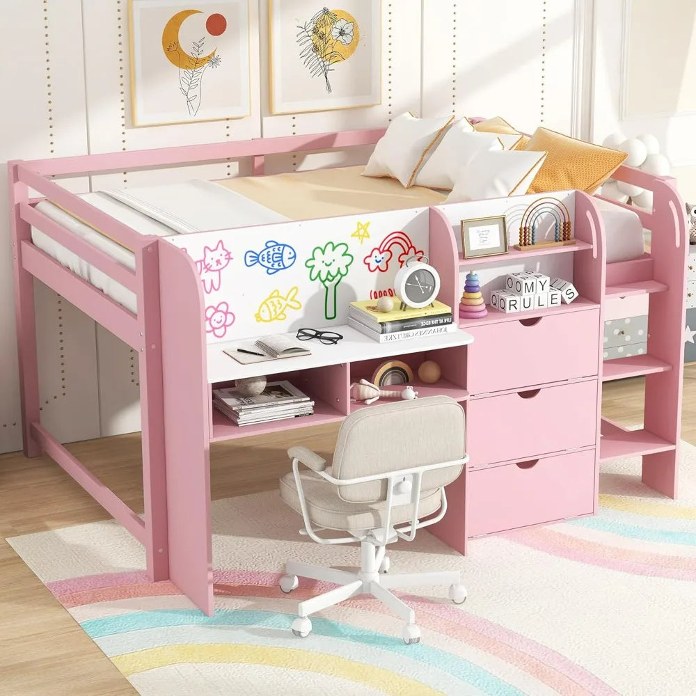 Modern Farmhouse Style Kids Full Size Low Loft Bed with Desk, Storage, and Bookcase