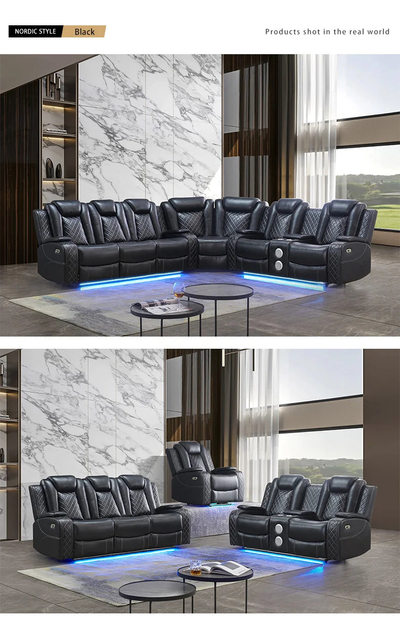 Power Reclining Sofa Couch with Wireless Charger/ 3 Seater Recliner/Reading Light Leather/ Bluetooth Speaker/ Theater Seating LED