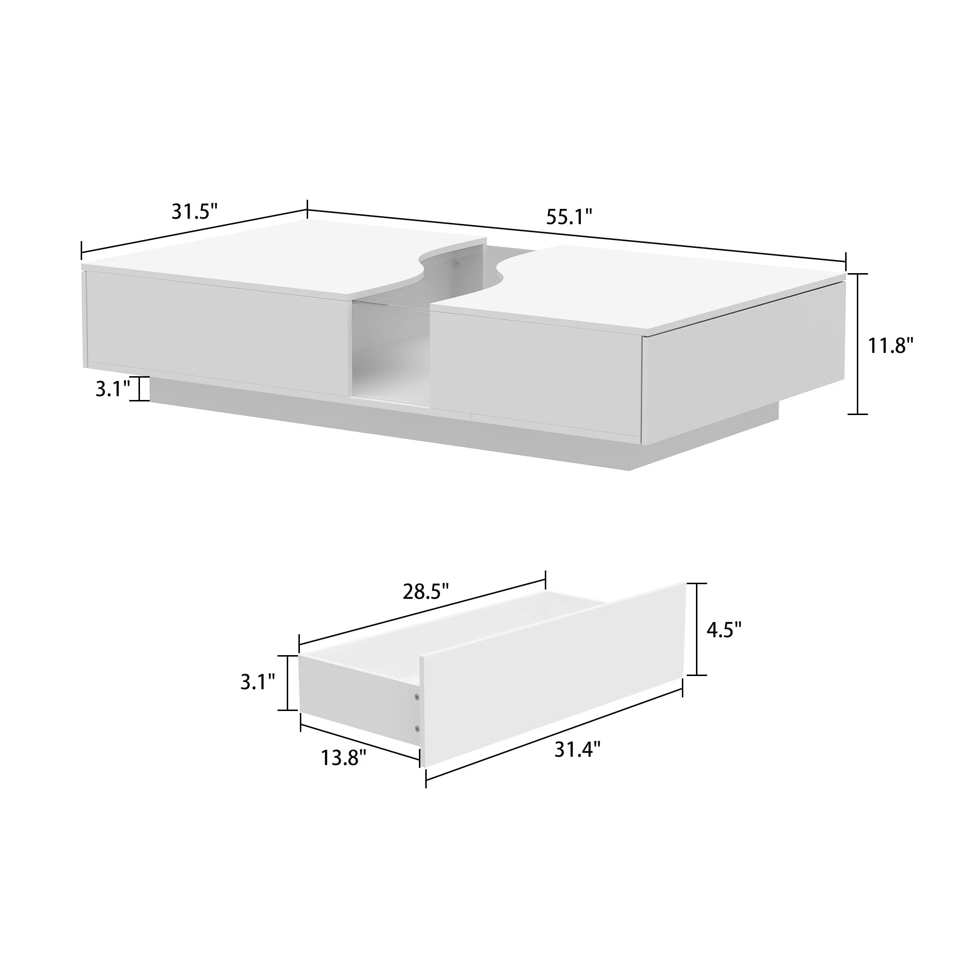 55.1'' Wide Modern Coffee Table With 2 Drawers & LED Lights, Coffee Table With Spacious Tabletop, For Living Room