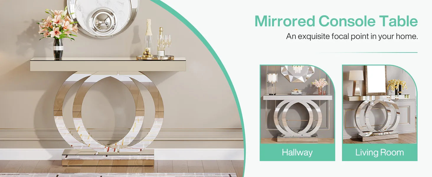43.3-Inch (110cm) Mirrored Console, Entryway Table with Thickened Mirror Finish Tabletop