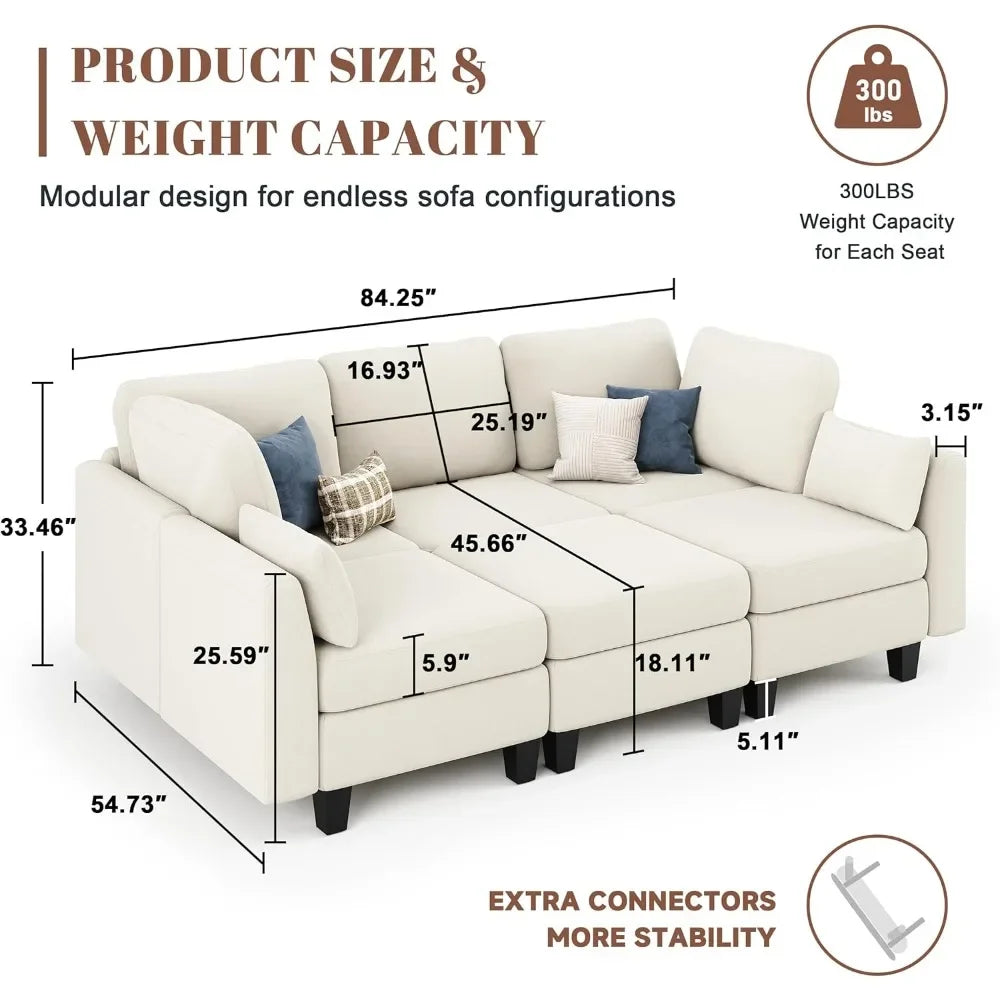 6-Seater Beige Sectional Sleeper/Sofa with Comfortable Modular Couches and Convertible Sofas Featuring Ottoman Storage