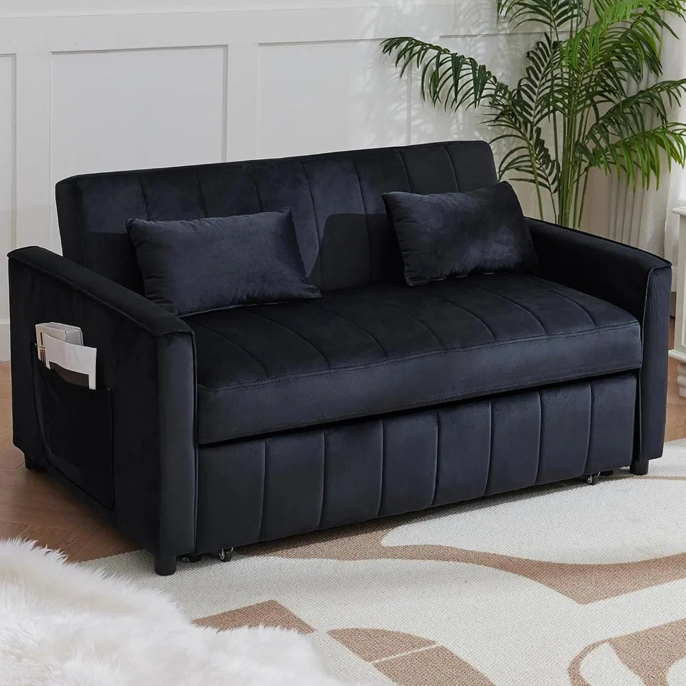 Small Loveseat Sleeper Sofa Bed Velvet Pull Out Couch Bed with Adjustable Backrest and Side Pockets for Living Room, Bedroom