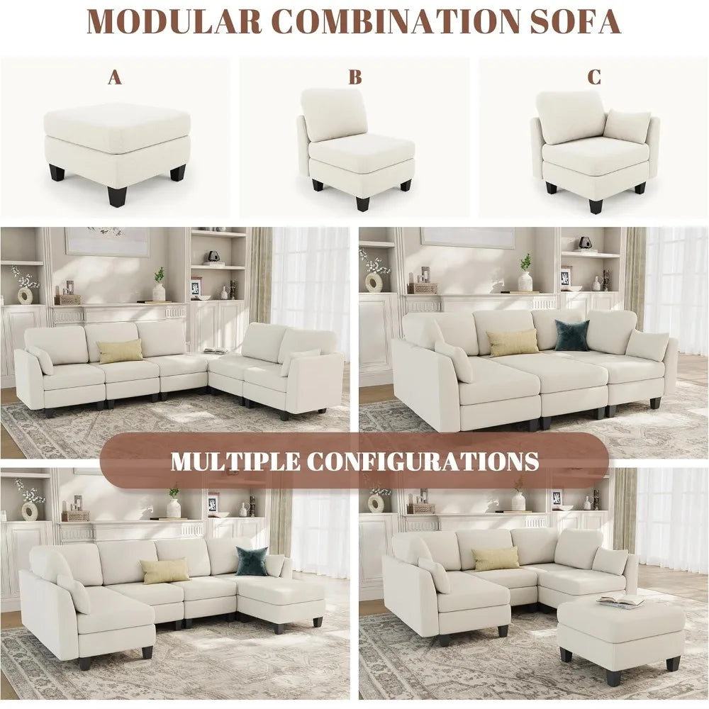 6-Seater Beige Sectional Sleeper/Sofa with Comfortable Modular Couches and Convertible Sofas Featuring Ottoman Storage
