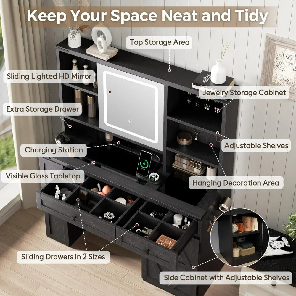 Customizable Rustic-Style Makeup Vanity Desk With Sliding Mirror, Lighting, And Glass Top Charging Station