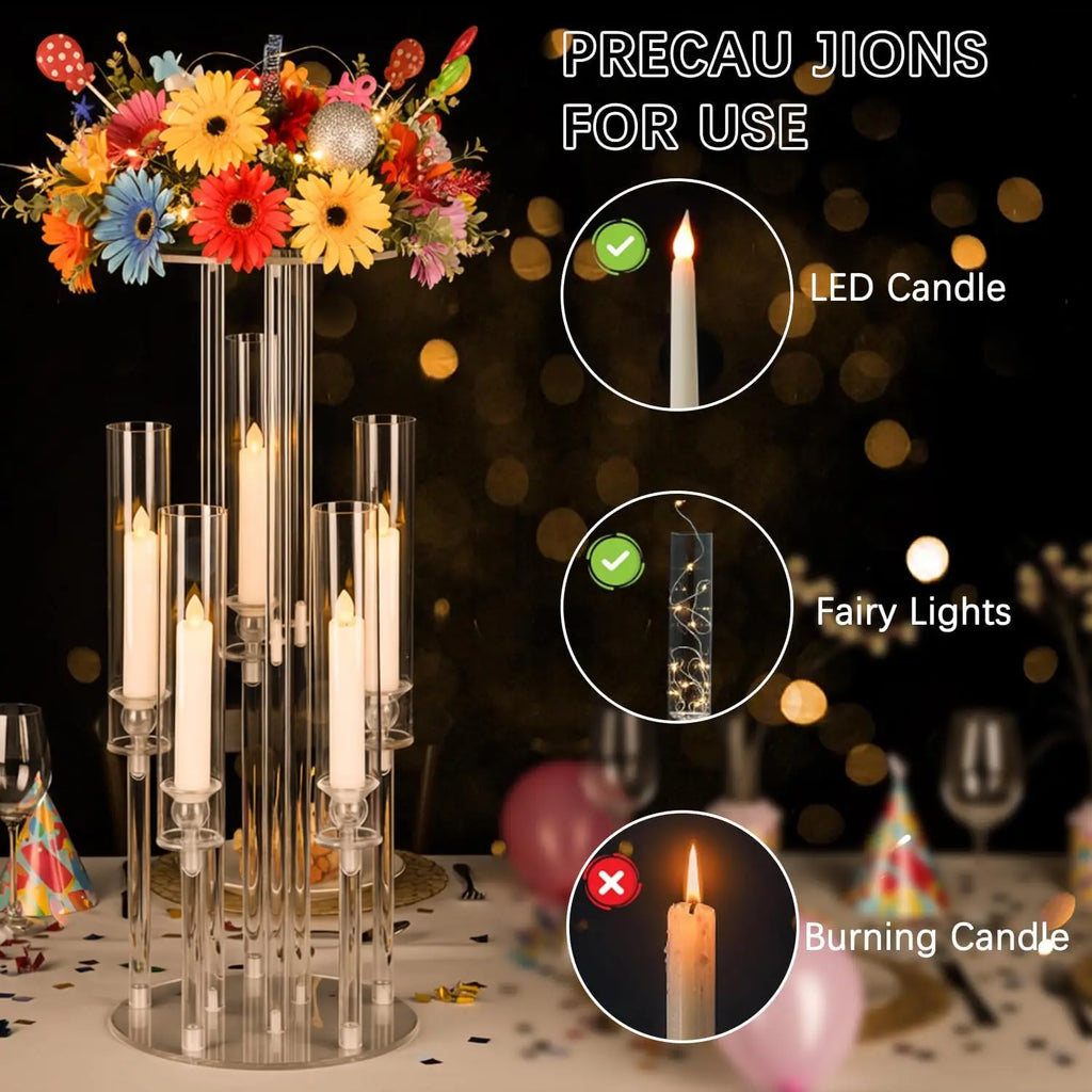 Clear 5-Arm Acrylic Candelabra with Flower Stand & Lampshade, 23.6" Tall Candle Holder for Wedding Table Centerpieces, Fits LED Candles for Party, Banquet, Birthday, Home Event Christmas Decor