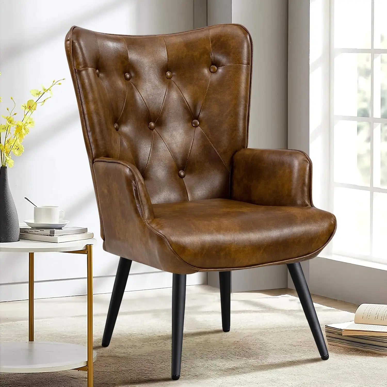 Boucle Accent Chair for Living Room, Upholstered Reading Chair with High Backrest, Tufted-Button Wingback Armchair