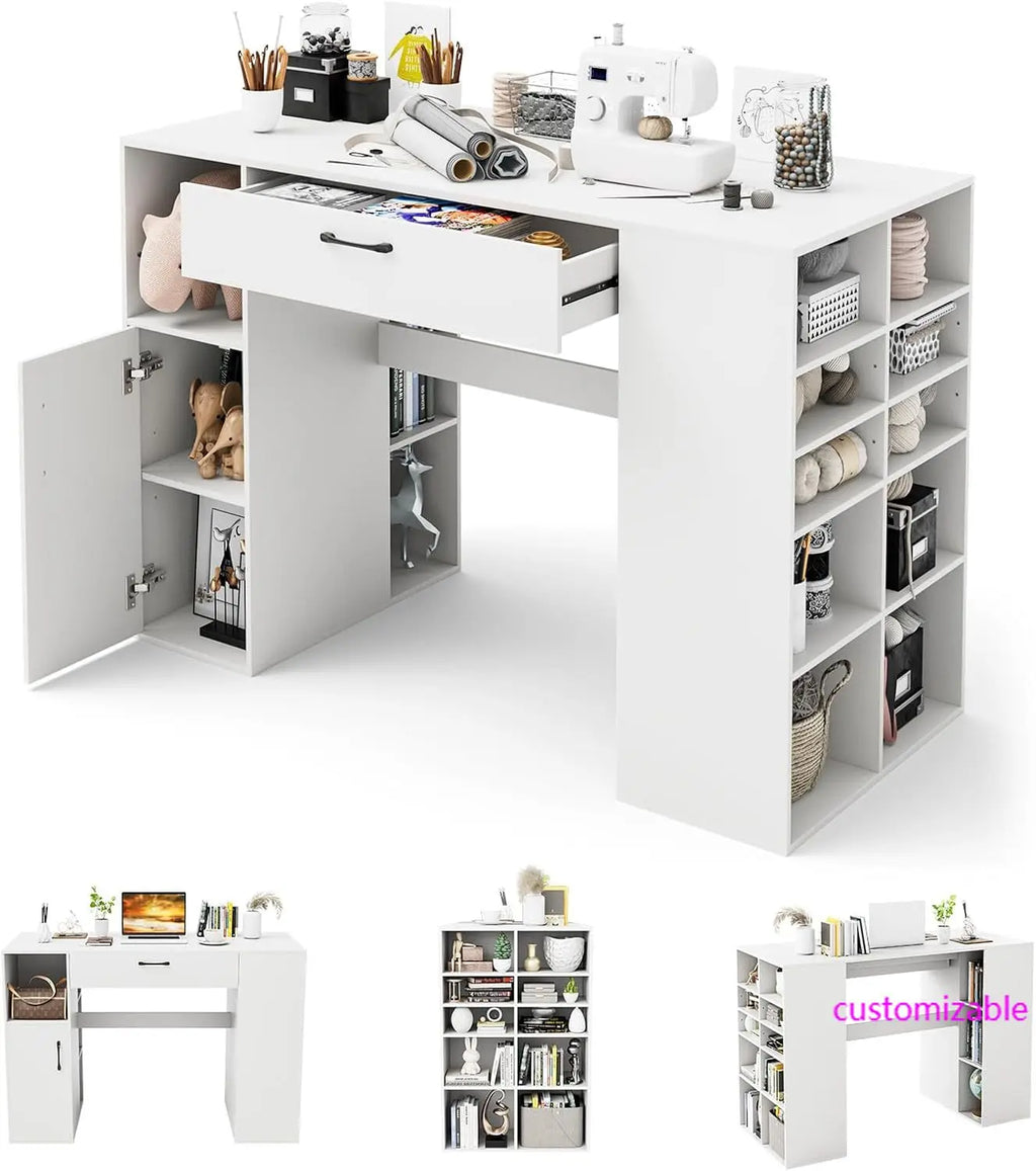 36” Counter Height Sewing Table, 53 Inch Artwork Craft Table with 14 Open Compartments, 3-Position Adjustable Shelf