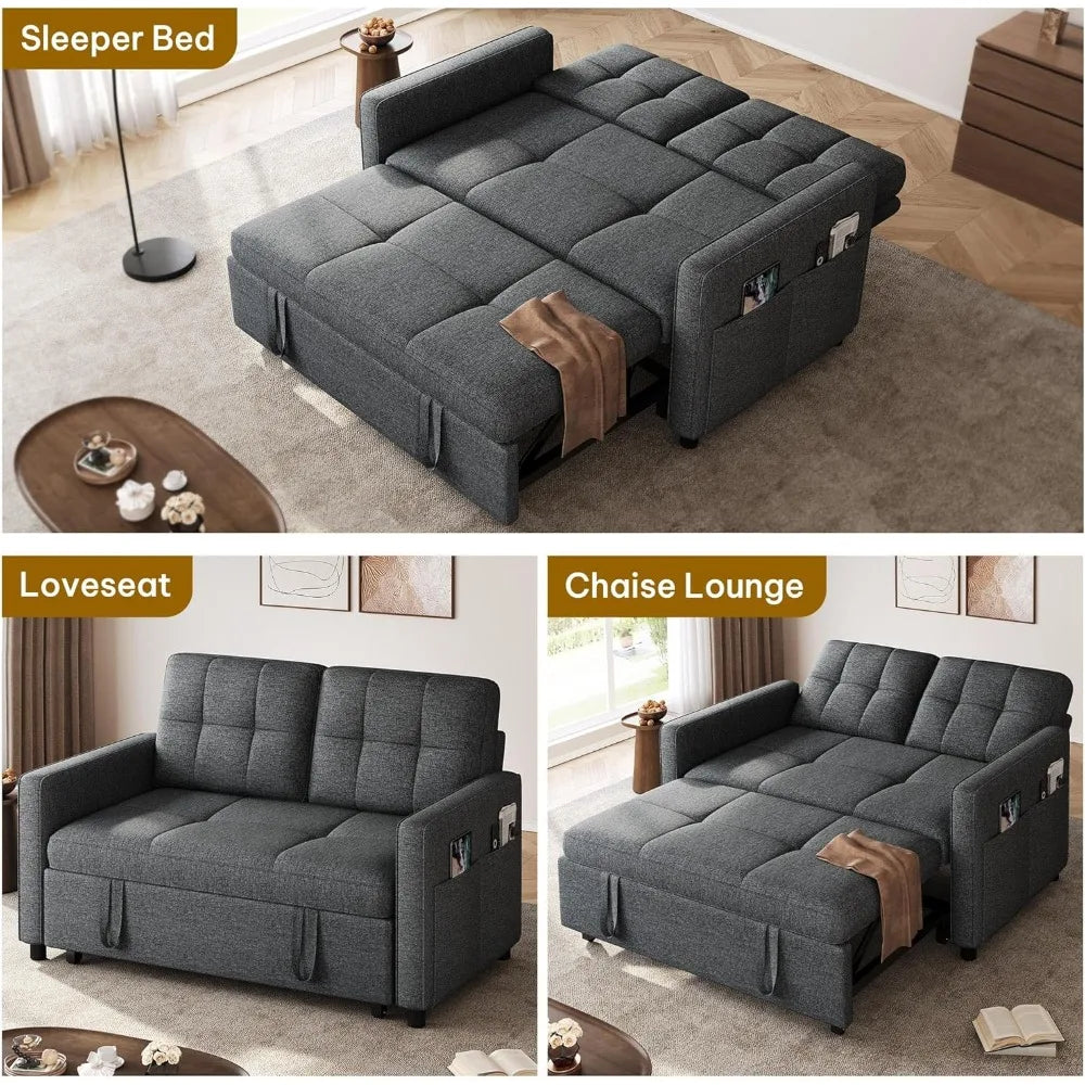 3-in-1 Sleeper Sofa with Pull-Out Bed, Linen Futon Couch with Adjustable Backrest and Side Pocket