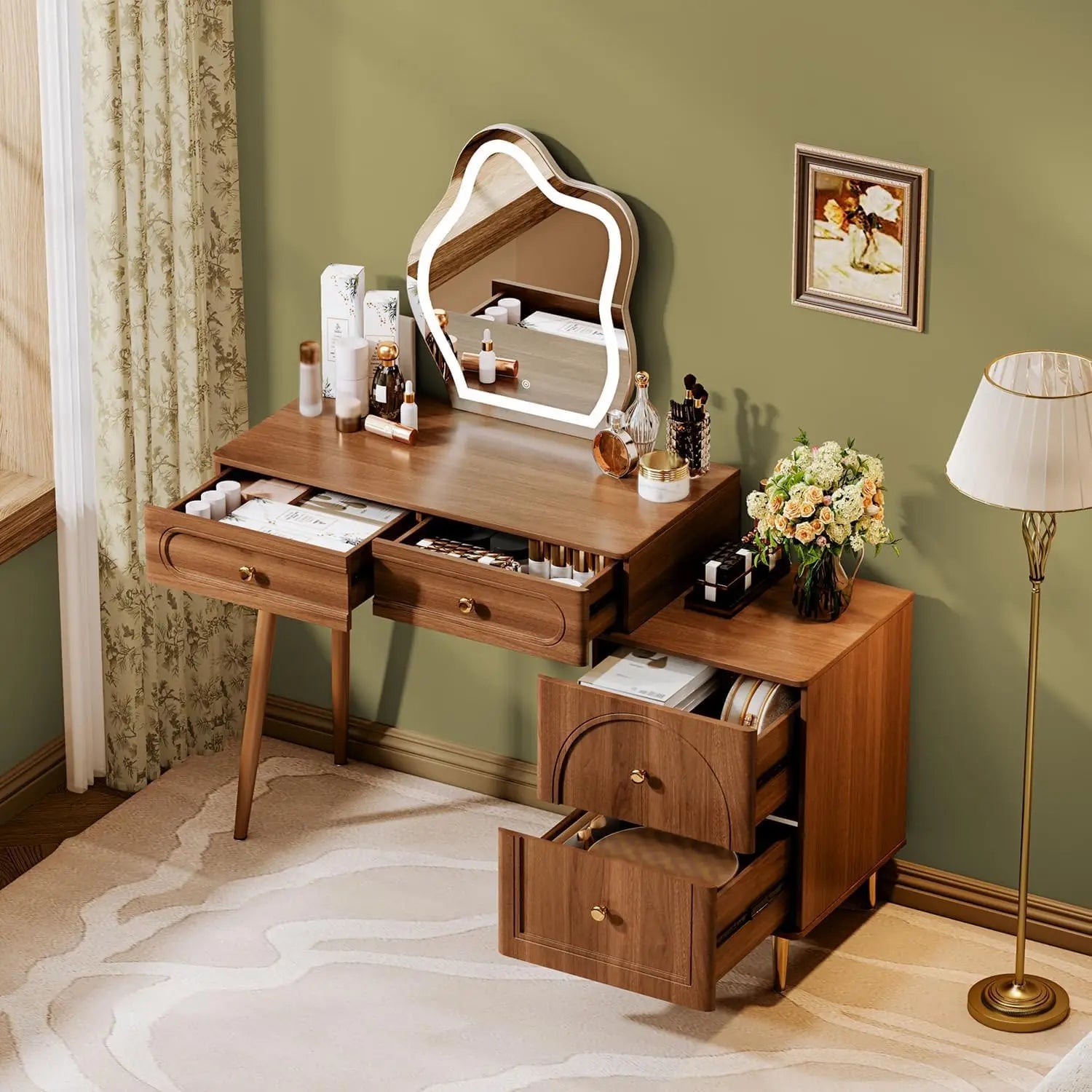 31.5" Brown Stylish Corner Makeup Vanity Table with Lighted Mirror and 4 Spacious Drawers，