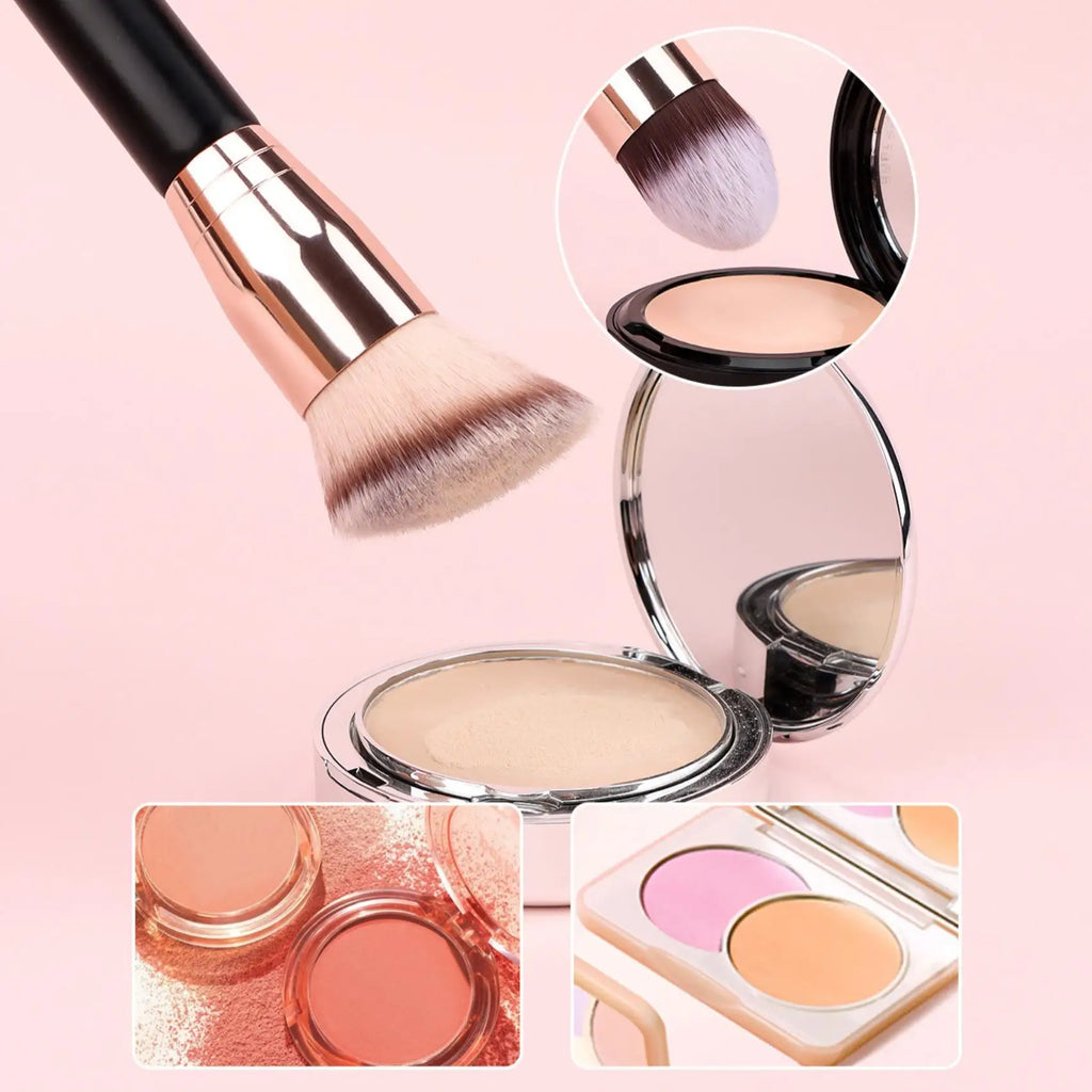 2pcs Double-Ended Foundation Brush Set - Round, Flat Beveled Ends, Soft Nylon Bristles ABS Handle, Unscented Universal Skin Type