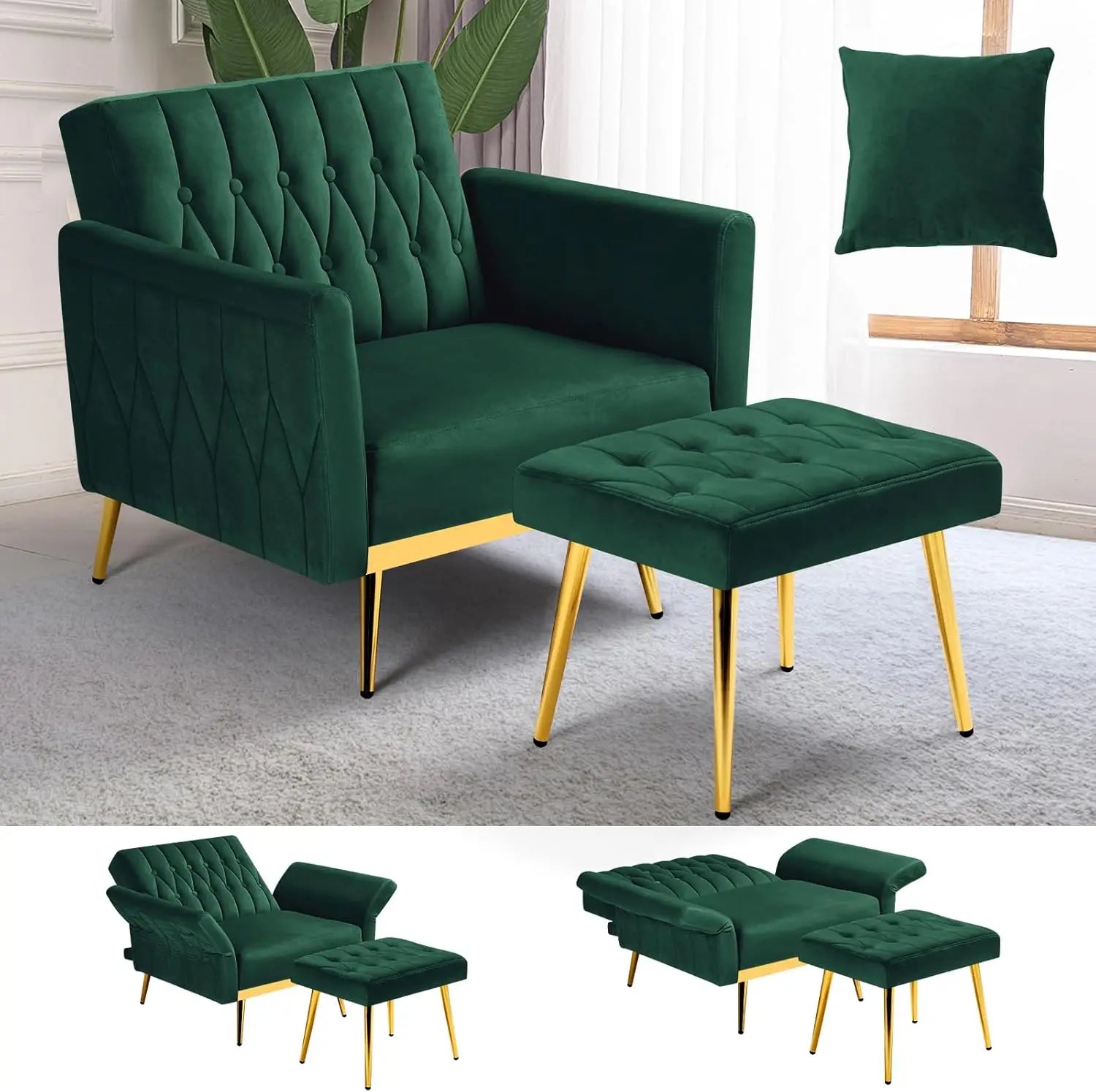 Upholstered Reclining Chair/Ottoman with Adjustable Armrests and Back, Button-Tufted Relaxation Seat