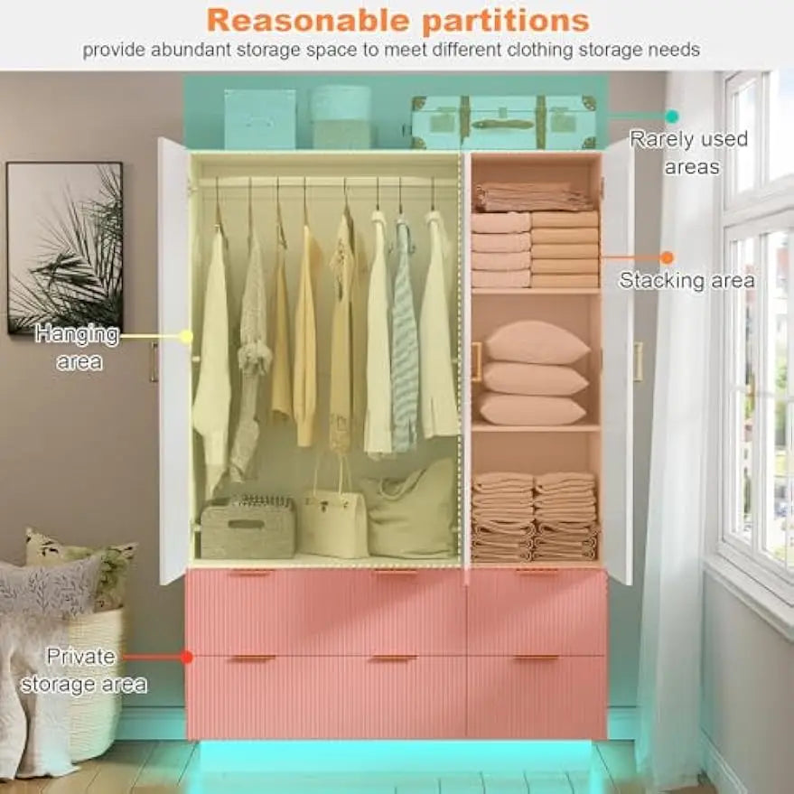 Armoire Wardrobe Closet with 3 Door, with Mirror and LED Lights, Hanging Rod, Drawers