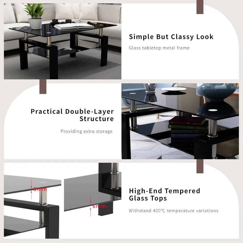 Black Glass Coffee Table Set of 3 Piece, Living Room Tables Set of 3 Pcs, Including 1 Coffee Table and 2 End Side Tables, Metal