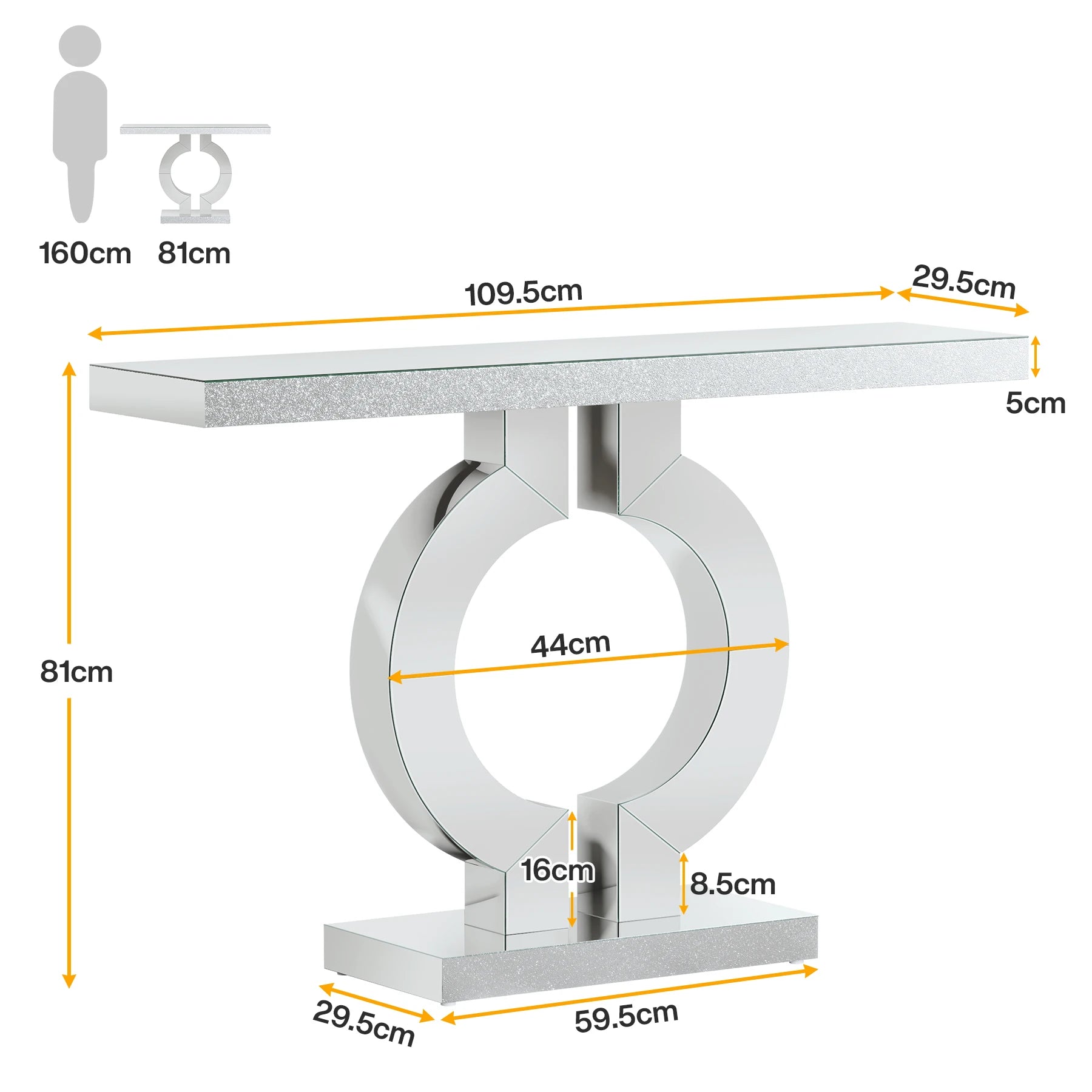 43.3-Inch (110cm) Mirrored Console, Entryway Table with Thickened Mirror Finish Tabletop