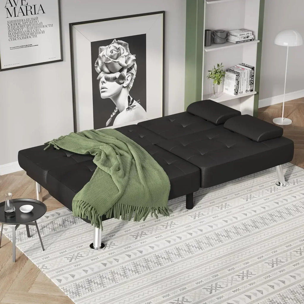 Futon Sofa Bed Modern Folding Futon Set Convertible Recliner Lounge for Living Room with 2 Cup Holders
