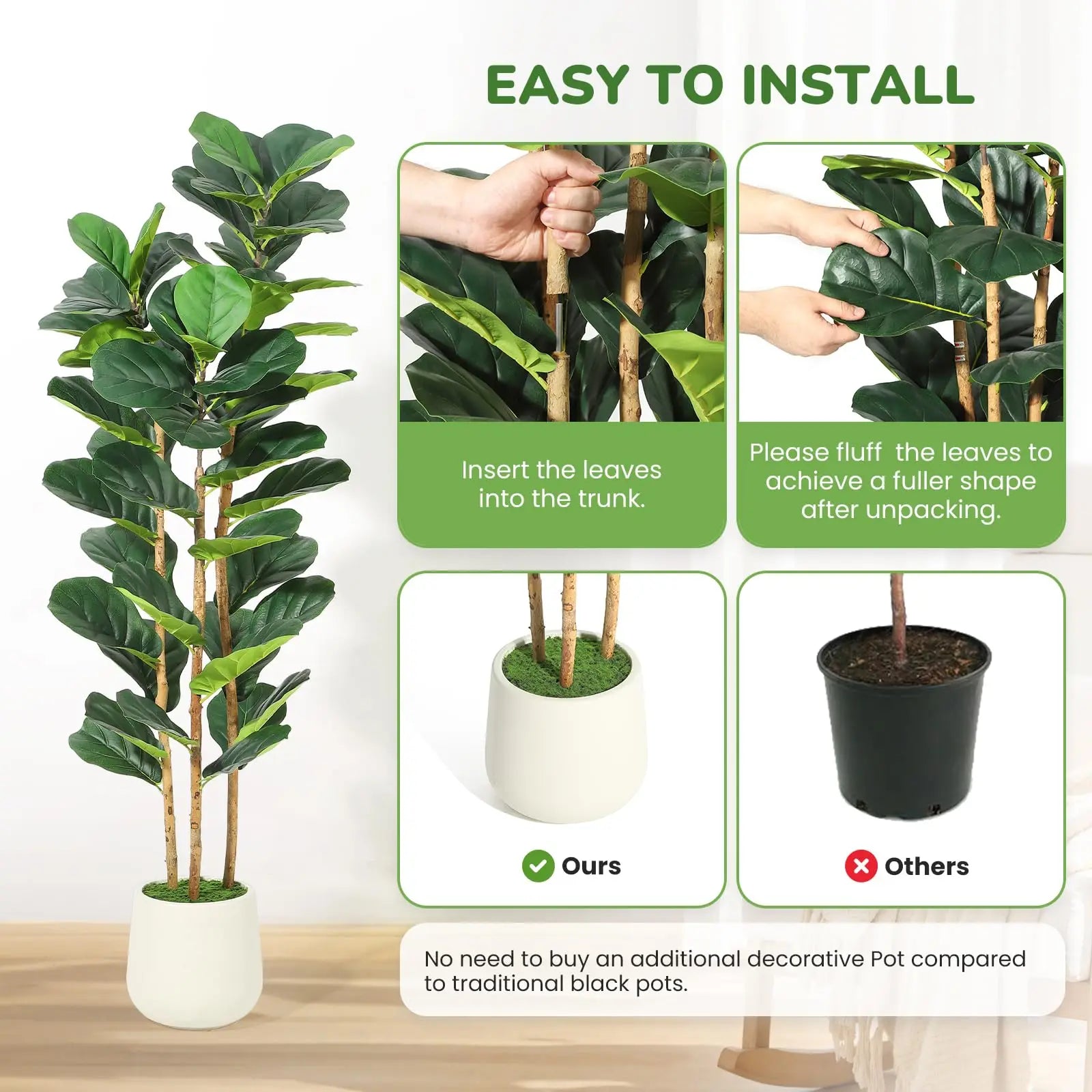 Artificial Fiddle Leaf Fig Tree with White Planter, 5/6/7 ft Tall Fake Plant with Natural Wood Trunk, Faux Ficus Tree Potted Moss for Home /Office/ Living Room Decor